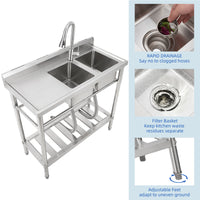 Garvee 39"W x 18"D x 40"H Freestanding 2-Bowl Sink - Stainless Steel Utility Kitchen Sink with Faucet, Drainboard, Workbench, and Storage Shelves for Restaurant, Cafe, Bar, Hotel, Garage, Laundry Room