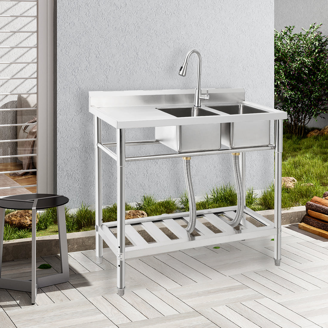 Garvee 39"W x 18"D x 40"H Freestanding 2-Bowl Sink - Stainless Steel Utility Kitchen Sink with Faucet, Drainboard, Workbench, and Storage Shelves for Restaurant, Cafe, Bar, Hotel, Garage, Laundry Room