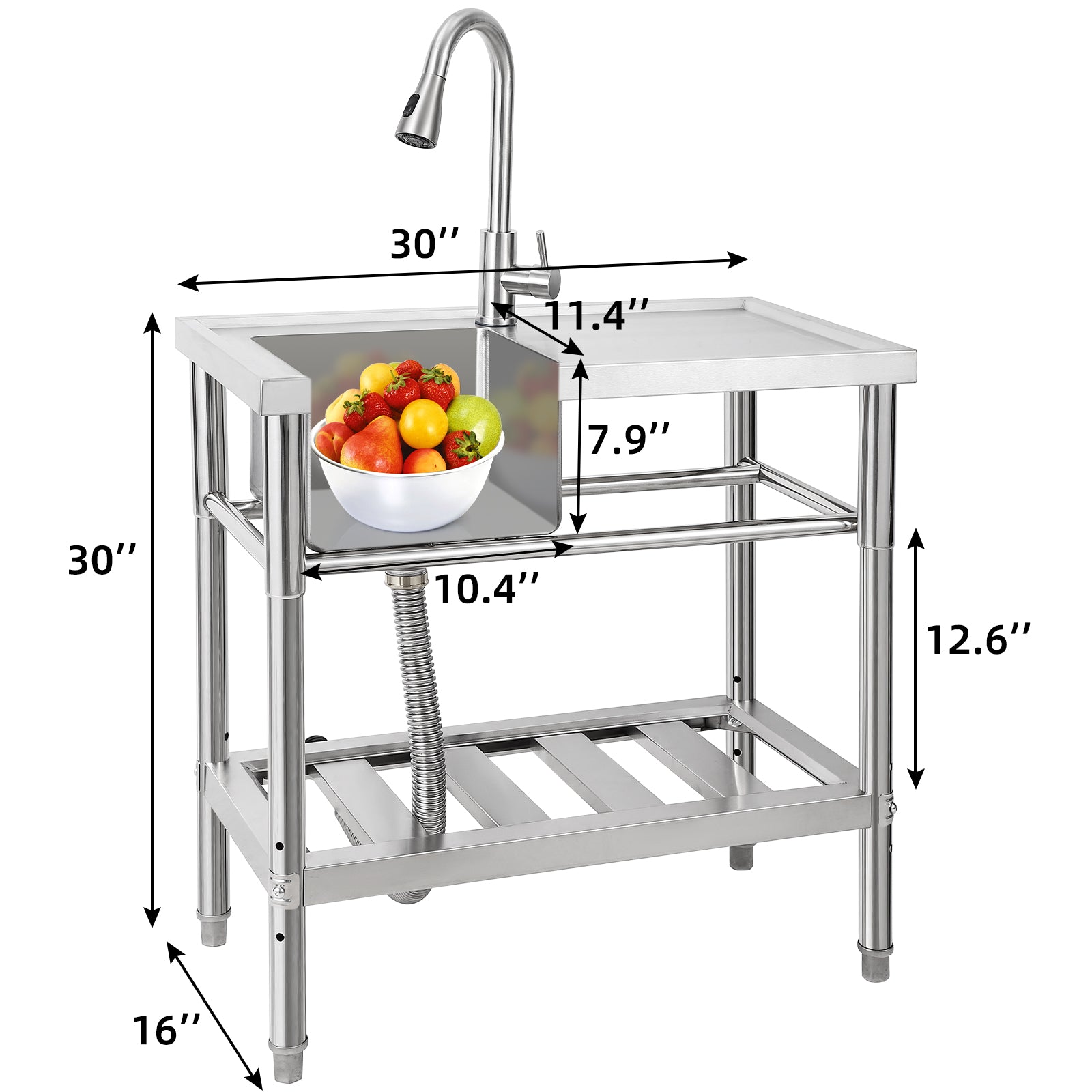 Garvee 30"W x 16"D x 30"H Freestanding Outdoor Utility Sink - Stainless Steel Single Bowl Sink with Faucet, Drainboard, and Storage Shelves for Restaurants, Cafes, Bars, Hotels, Garages, and Laundry Rooms