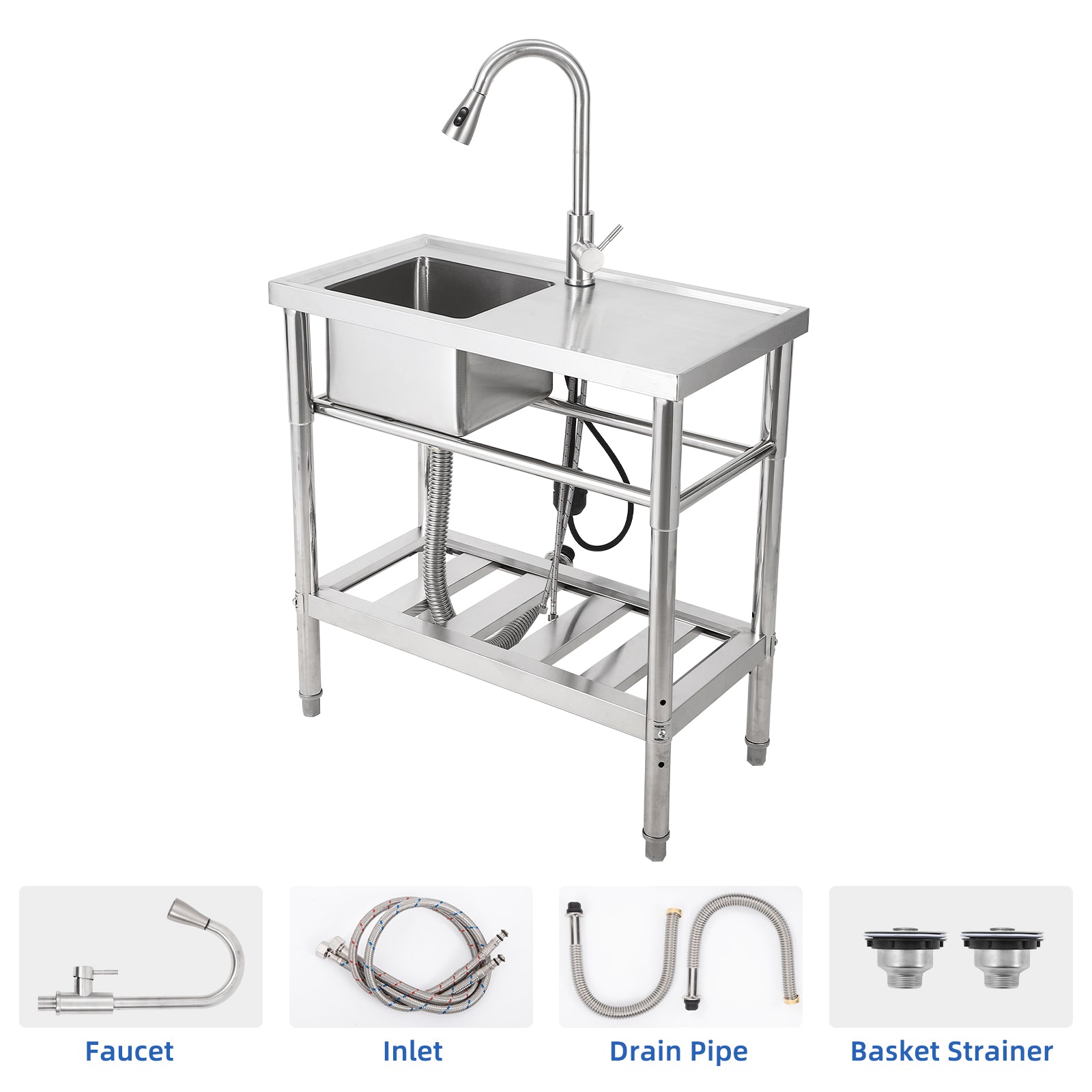 Garvee 30"W x 16"D x 30"H Freestanding Outdoor Utility Sink - Stainless Steel Single Bowl Sink with Faucet, Drainboard, and Storage Shelves for Restaurants, Cafes, Bars, Hotels, Garages, and Laundry Rooms