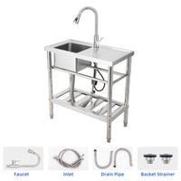 Garvee 30"W x 16"D x 30"H Freestanding Outdoor Utility Sink - Stainless Steel Single Bowl Sink with Faucet, Drainboard, and Storage Shelves for Restaurants, Cafes, Bars, Hotels, Garages, and Laundry Rooms