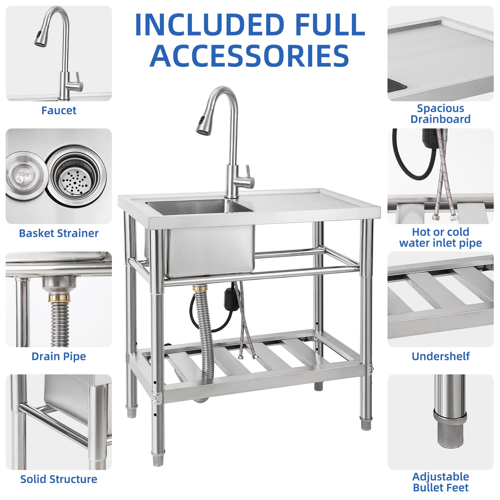 Garvee 30"W x 16"D x 30"H Freestanding Outdoor Utility Sink - Stainless Steel Single Bowl Sink with Faucet, Drainboard, and Storage Shelves for Restaurants, Cafes, Bars, Hotels, Garages, and Laundry Rooms