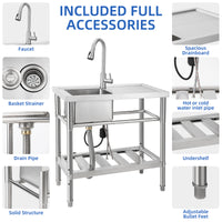 Garvee 30"W x 16"D x 30"H Freestanding Outdoor Utility Sink - Stainless Steel Single Bowl Sink with Faucet, Drainboard, and Storage Shelves for Restaurants, Cafes, Bars, Hotels, Garages, and Laundry Rooms