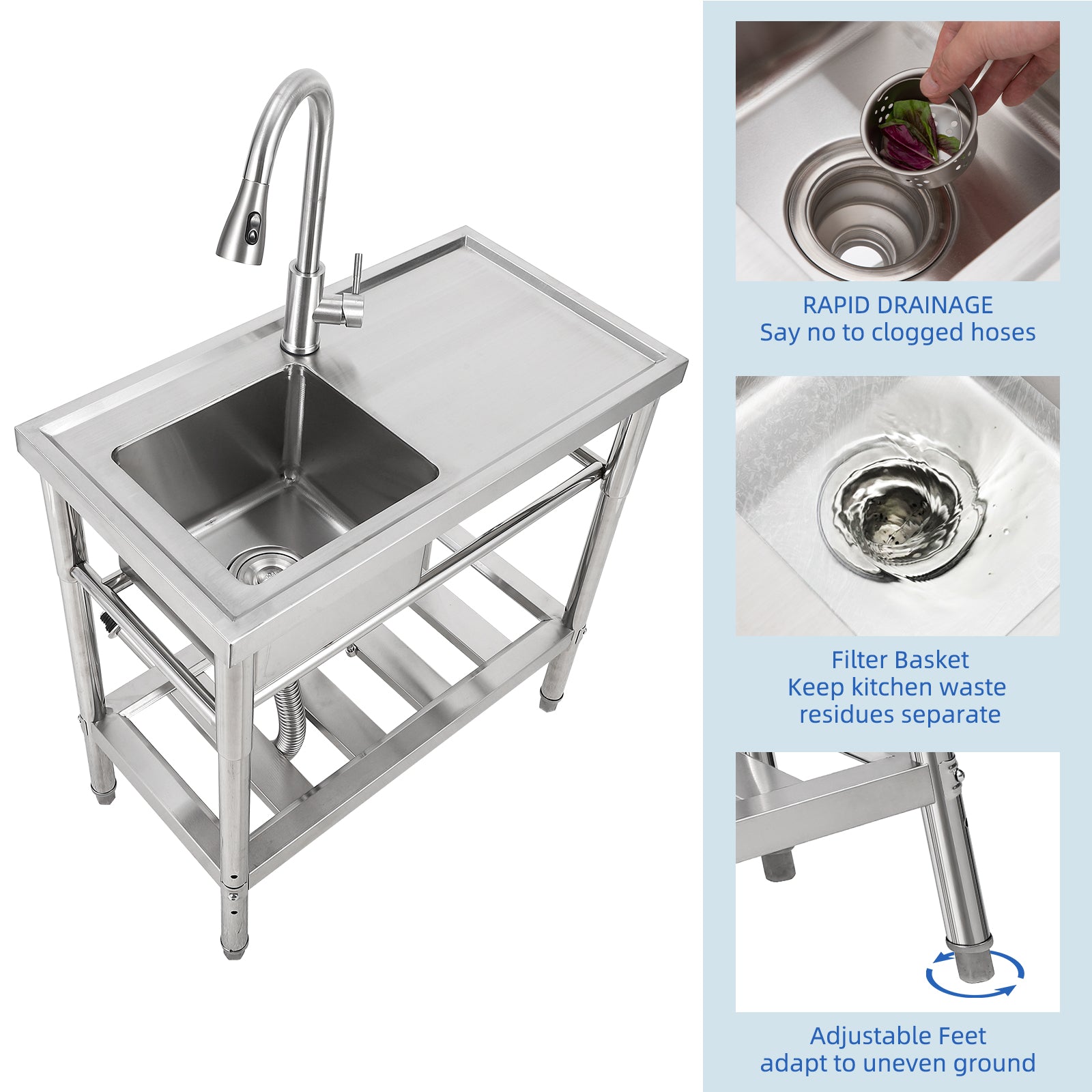 Garvee 30"W x 16"D x 30"H Freestanding Outdoor Utility Sink - Stainless Steel Single Bowl Sink with Faucet, Drainboard, and Storage Shelves for Restaurants, Cafes, Bars, Hotels, Garages, and Laundry Rooms