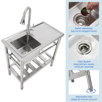 Garvee 30"W x 16"D x 30"H Freestanding Outdoor Utility Sink - Stainless Steel Single Bowl Sink with Faucet, Drainboard, and Storage Shelves for Restaurants, Cafes, Bars, Hotels, Garages, and Laundry Rooms