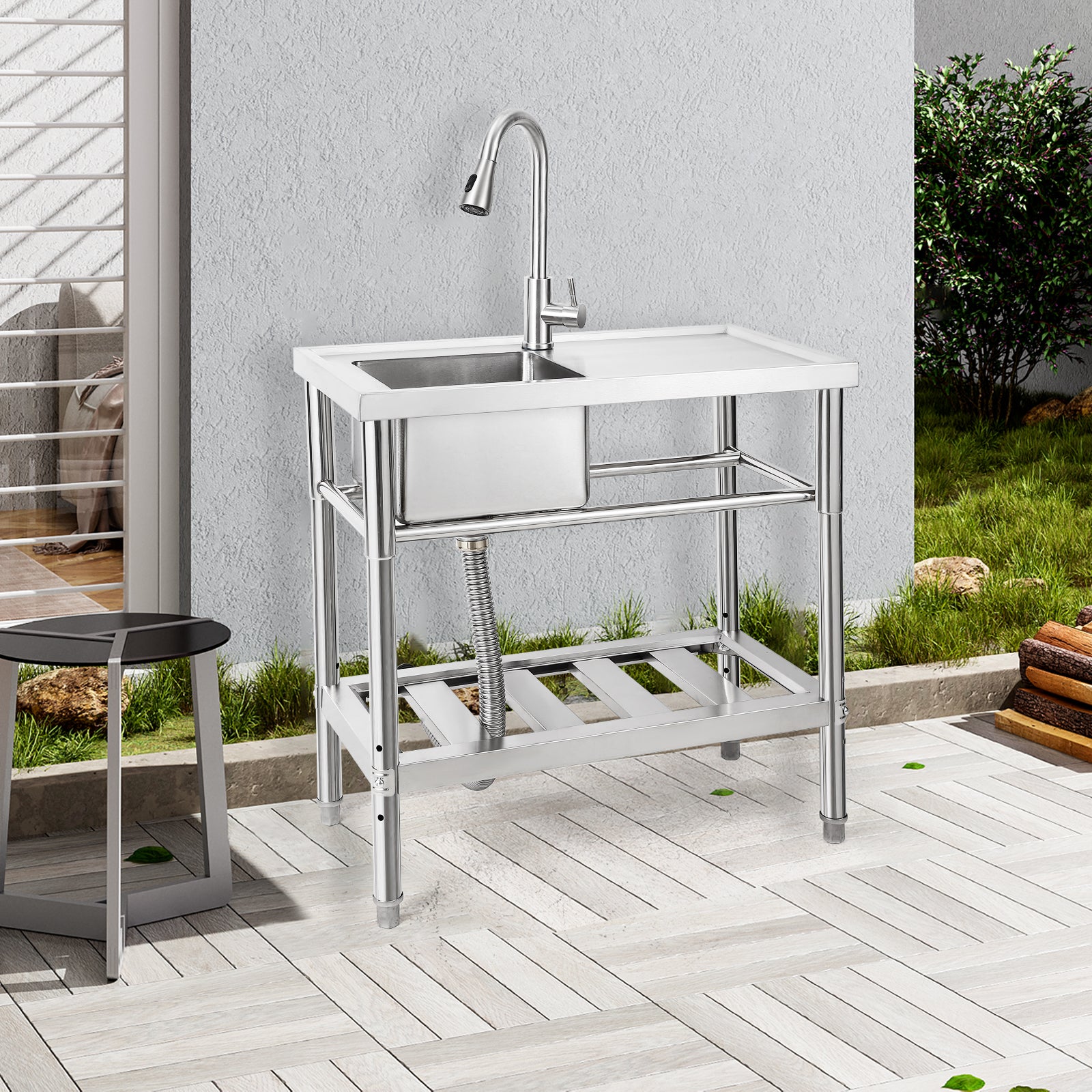 Garvee 30"W x 16"D x 30"H Freestanding Outdoor Utility Sink - Stainless Steel Single Bowl Sink with Faucet, Drainboard, and Storage Shelves for Restaurants, Cafes, Bars, Hotels, Garages, and Laundry Rooms
