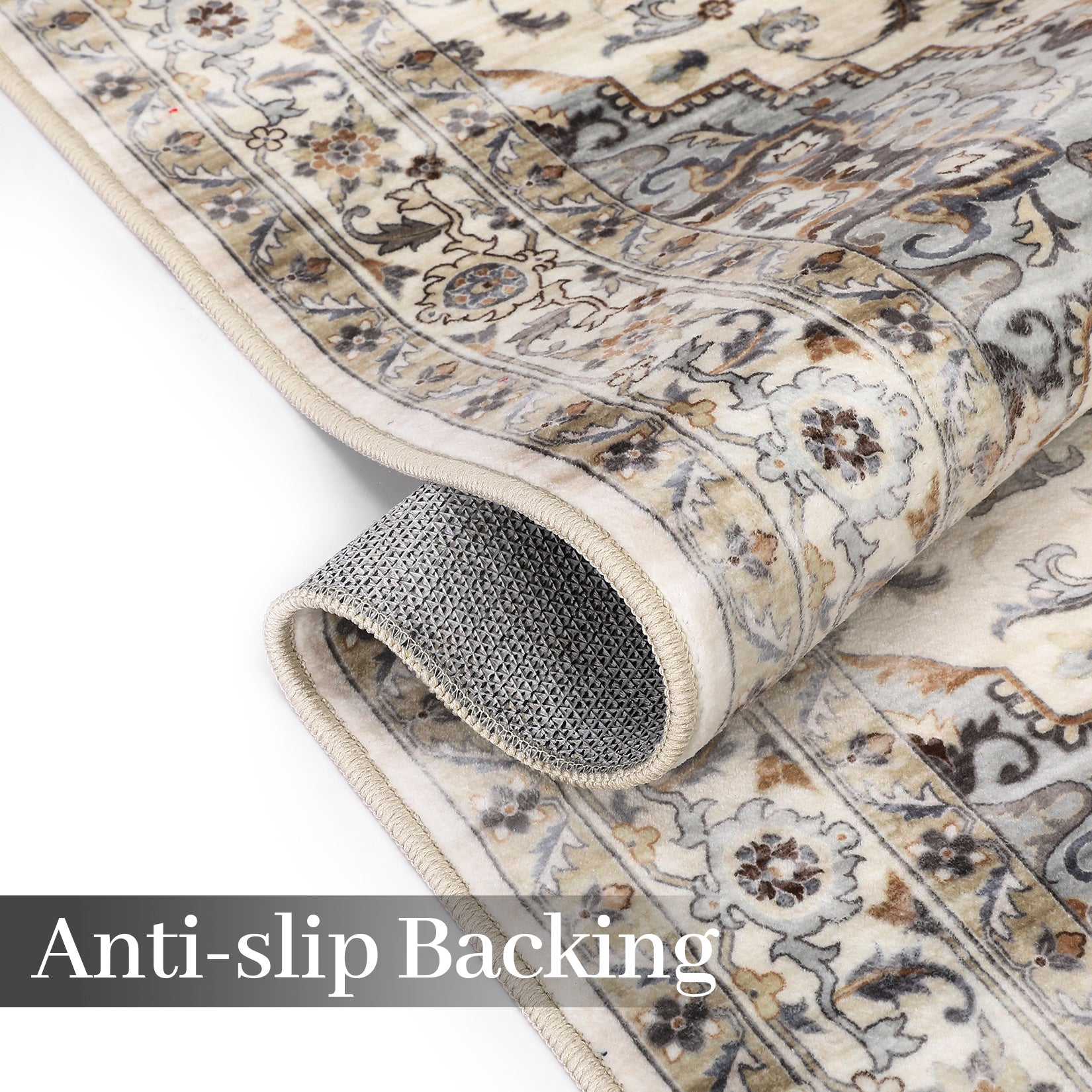 Garvee Oriental Light Brown & Blue 5x7 Machine Washable Rug, Bedroom Rug Vintage Distressed Rug with Rubber Backing Stain Resistant Oriental Throw Floor Cover Traditional Rug Carpet for Living Room Dining Room Home