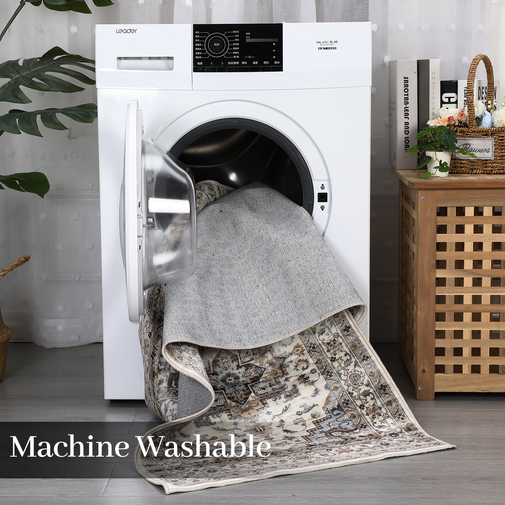 Garvee Oriental Light Brown & Blue 5x7 Machine Washable Rug, Bedroom Rug Vintage Distressed Rug with Rubber Backing Stain Resistant Oriental Throw Floor Cover Traditional Rug Carpet for Living Room Dining Room Home