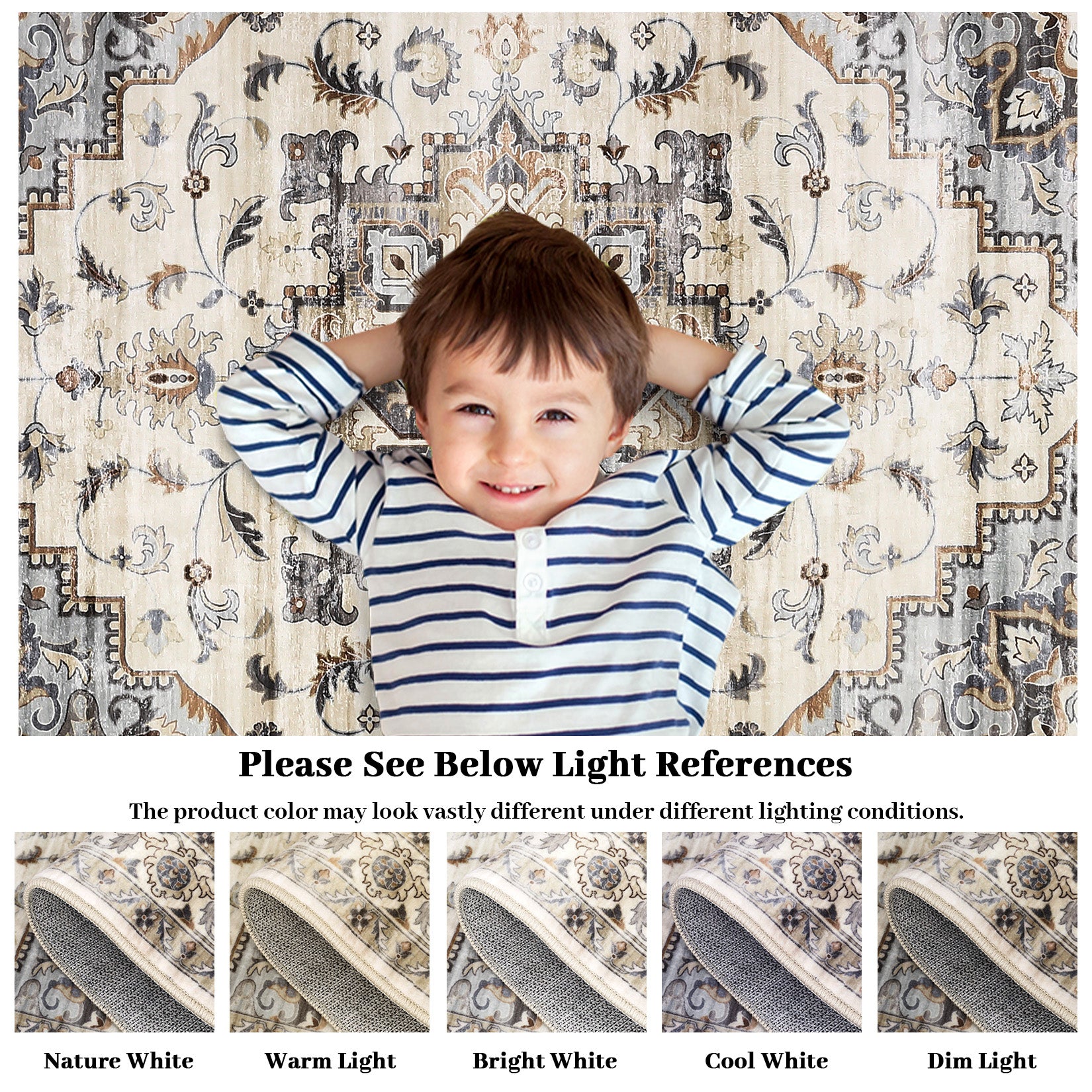 Garvee Oriental Light Brown & Blue 5x7 Machine Washable Rug, Bedroom Rug Vintage Distressed Rug with Rubber Backing Stain Resistant Oriental Throw Floor Cover Traditional Rug Carpet for Living Room Dining Room Home