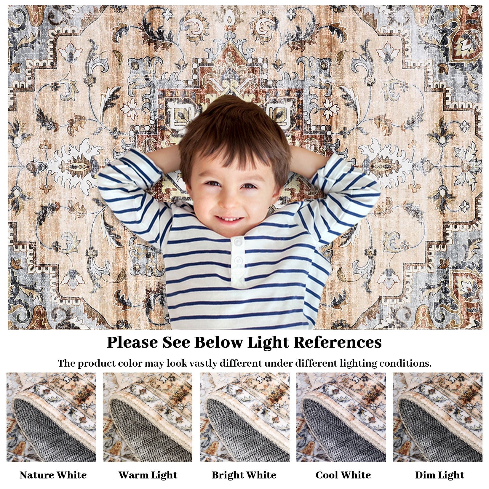 Garvee Oriental Orange 5x7 Machine Washable Rug Bedroom Rug Vintage Distressed Rug with Rubber Backing Stain Resistant Oriental Throw Floor Cover Traditional Rug Carpet for Living Room Dining Room Home