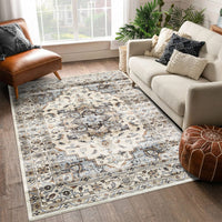 Garvee Oriental Light Brown & Blue 5x7 Machine Washable Rug, Bedroom Rug Vintage Distressed Rug with Rubber Backing Stain Resistant Oriental Throw Floor Cover Traditional Rug Carpet for Living Room Dining Room Home
