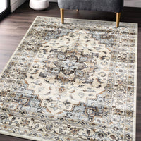 Garvee Oriental Light Brown & Blue 5x7 Machine Washable Rug, Bedroom Rug Vintage Distressed Rug with Rubber Backing Stain Resistant Oriental Throw Floor Cover Traditional Rug Carpet for Living Room Dining Room Home