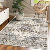 Garvee Oriental Light Brown & Blue 5x7 Machine Washable Rug, Bedroom Rug Vintage Distressed Rug with Rubber Backing Stain Resistant Oriental Throw Floor Cover Traditional Rug Carpet for Living Room Dining Room Home