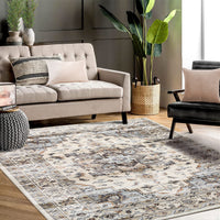 Garvee Oriental Light Brown & Blue 5x7 Machine Washable Rug, Bedroom Rug Vintage Distressed Rug with Rubber Backing Stain Resistant Oriental Throw Floor Cover Traditional Rug Carpet for Living Room Dining Room Home