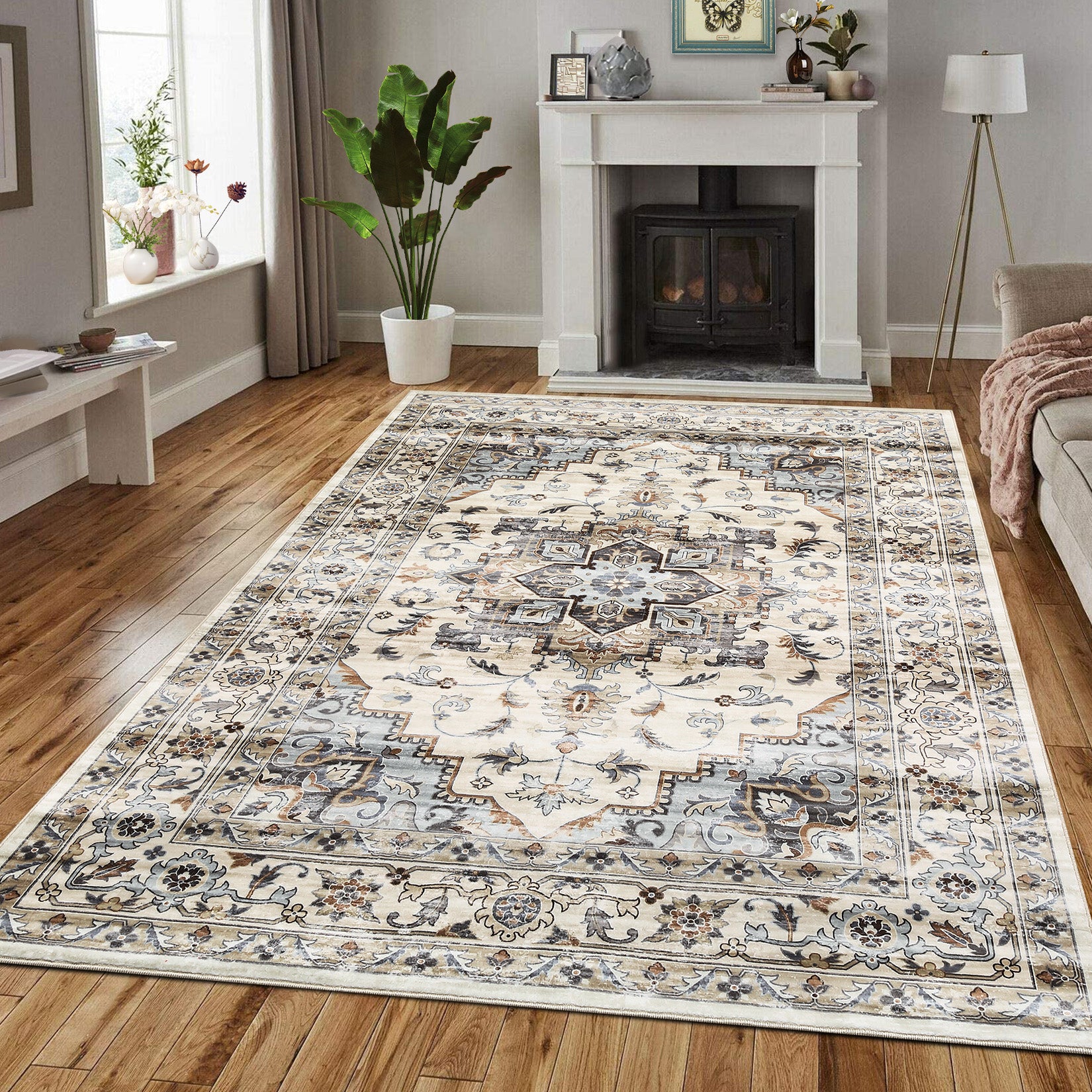 Garvee Oriental Light Brown & Blue 5x7 Machine Washable Rug, Bedroom Rug Vintage Distressed Rug with Rubber Backing Stain Resistant Oriental Throw Floor Cover Traditional Rug Carpet for Living Room Dining Room Home
