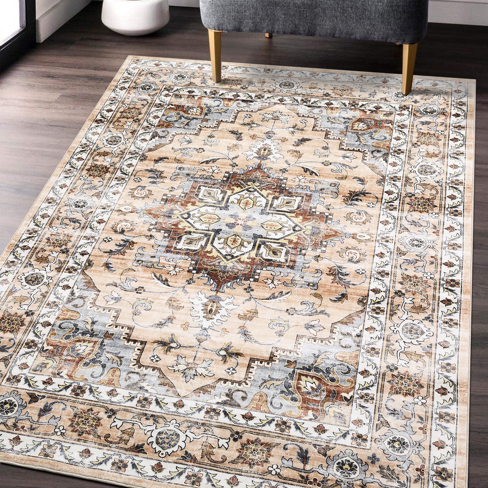 Garvee Oriental Orange 8x10 Washable Rug Large Living Room Area Rug Vintage Distressed Rug with Rubber Backing Indoor Throw Floor Cover Stain Resistant Oriental Rug Traditional Carpet for Bedroom Home