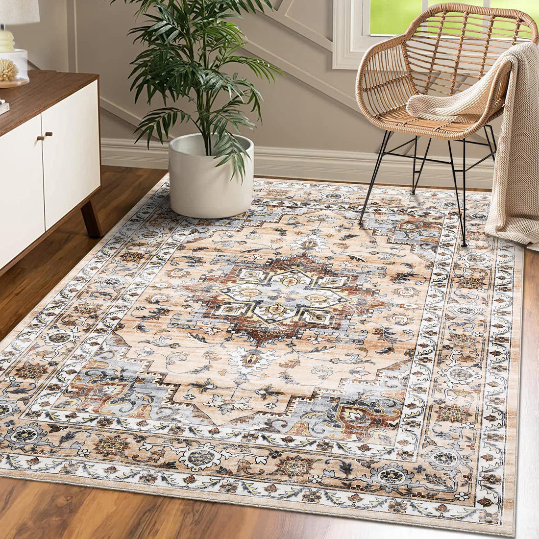 Garvee Oriental Orange 8x10 Washable Rug Large Living Room Area Rug Vintage Distressed Rug with Rubber Backing Indoor Throw Floor Cover Stain Resistant Oriental Rug Traditional Carpet for Bedroom Home