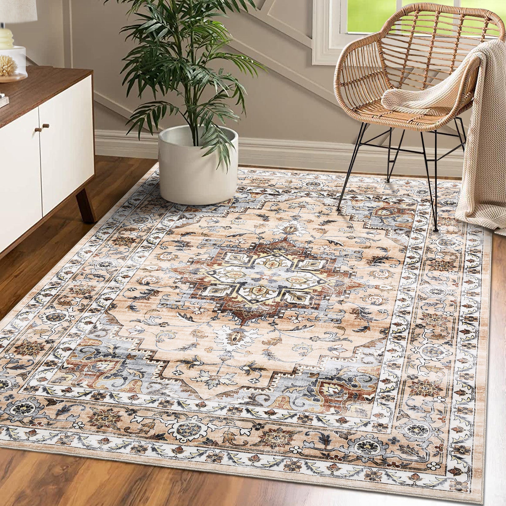 Garvee Oriental Orange 5x7 Machine Washable Rug Bedroom Rug Vintage Distressed Rug with Rubber Backing Stain Resistant Oriental Throw Floor Cover Traditional Rug Carpet for Living Room Dining Room Home