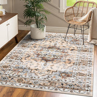 Garvee Oriental Orange 5x7 Machine Washable Rug Bedroom Rug Vintage Distressed Rug with Rubber Backing Stain Resistant Oriental Throw Floor Cover Traditional Rug Carpet for Living Room Dining Room Home