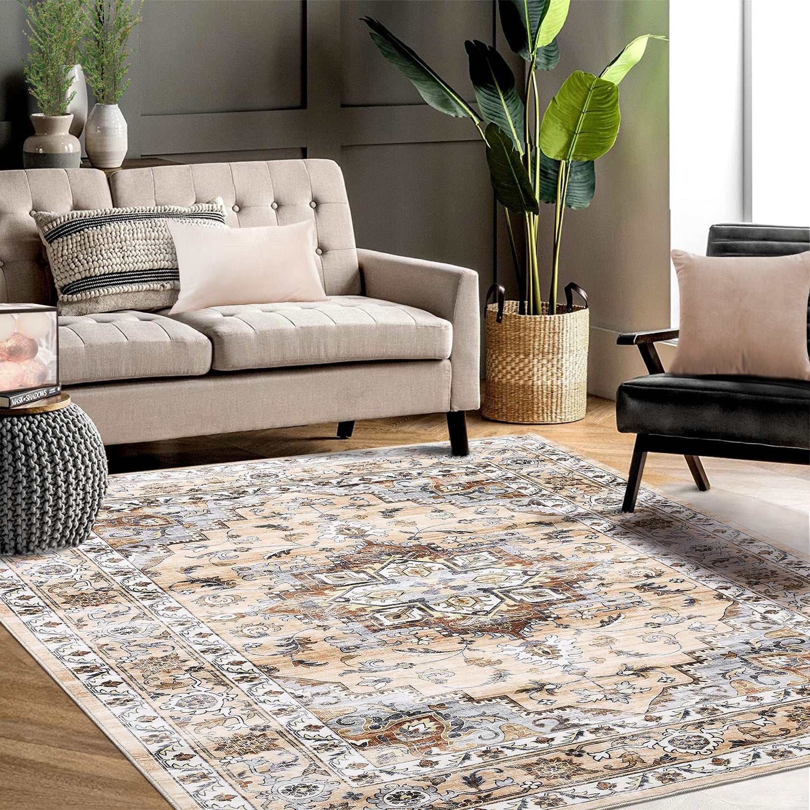 Garvee Oriental Orange 8x10 Washable Rug Large Living Room Area Rug Vintage Distressed Rug with Rubber Backing Indoor Throw Floor Cover Stain Resistant Oriental Rug Traditional Carpet for Bedroom Home