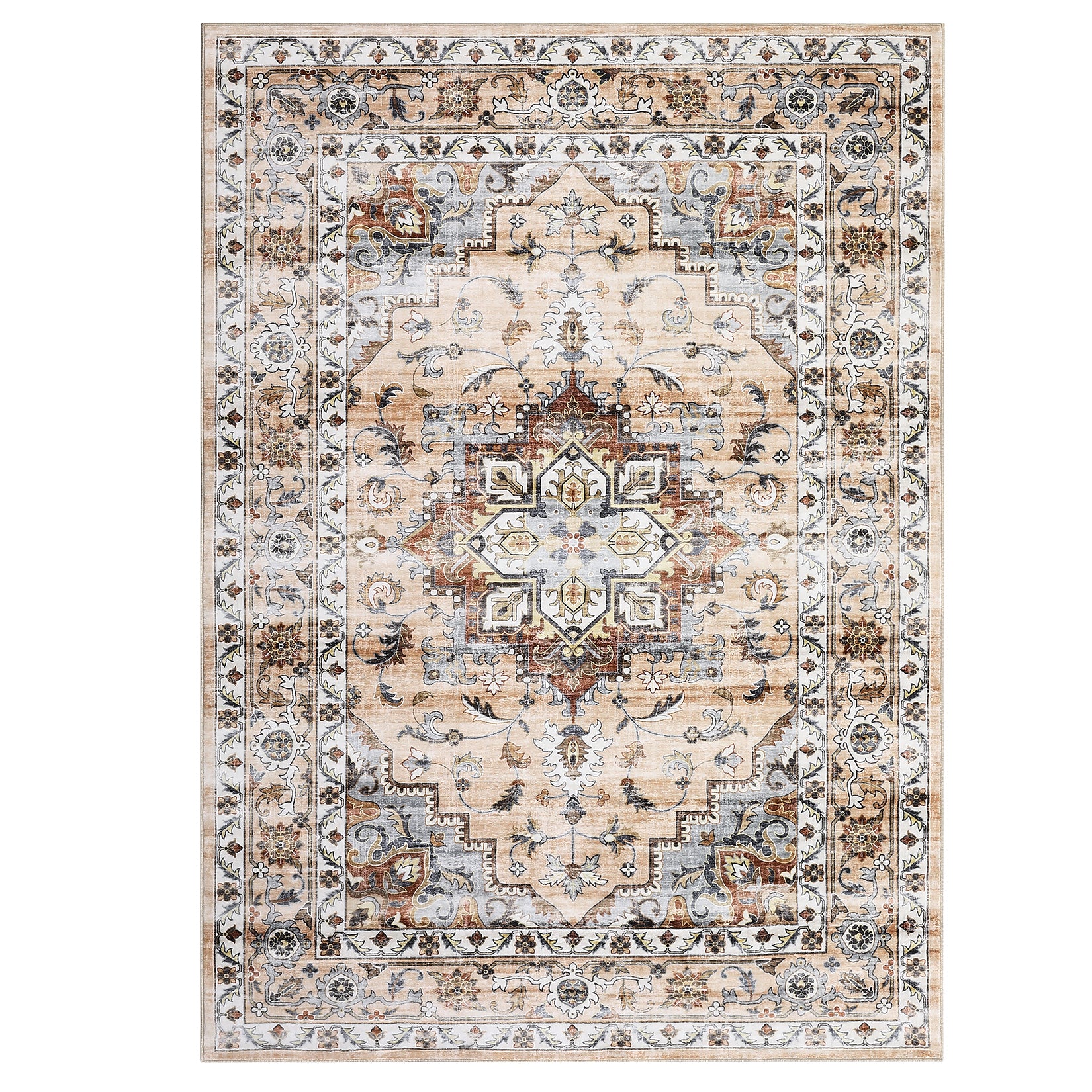Garvee Oriental Orange 5x7 Machine Washable Rug Bedroom Rug Vintage Distressed Rug with Rubber Backing Stain Resistant Oriental Throw Floor Cover Traditional Rug Carpet for Living Room Dining Room Home