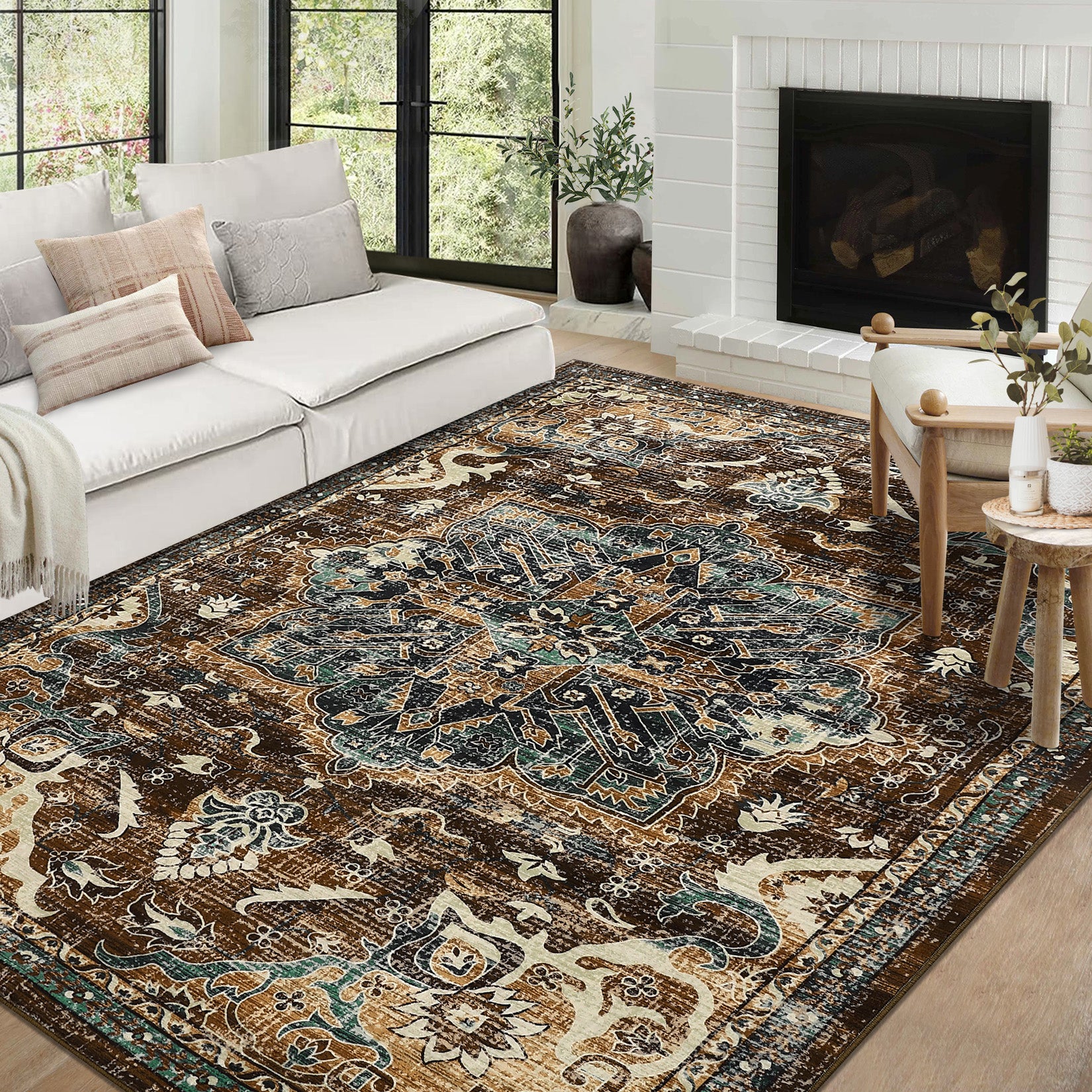 Garvee Washable Boho Area Rug 5x7 - Non-Slip, Stain Resistant, Wool-like Polyester, Distressed Vintage Medallion, Ideal for Living Room, Bedroom, Dining Room