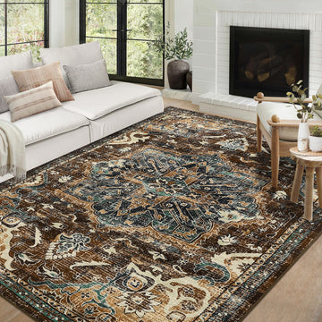 Garvee Washable Boho Area Rug 5x7 - Non-Slip, Stain Resistant, Wool-like Polyester, Distressed Vintage Medallion, Ideal for Living Room, Bedroom, Dining Room