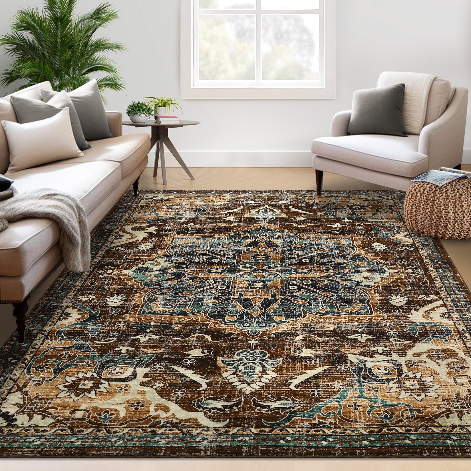 Garvee Washable Boho Area Rug 5x7 - Non-Slip, Stain Resistant, Wool-like Polyester, Distressed Vintage Medallion, Ideal for Living Room, Bedroom, Dining Room