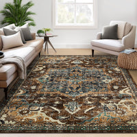 Garvee Washable Boho Area Rug 5x7 - Non-Slip, Stain Resistant, Wool-like Polyester, Distressed Vintage Medallion, Ideal for Living Room, Bedroom, Dining Room