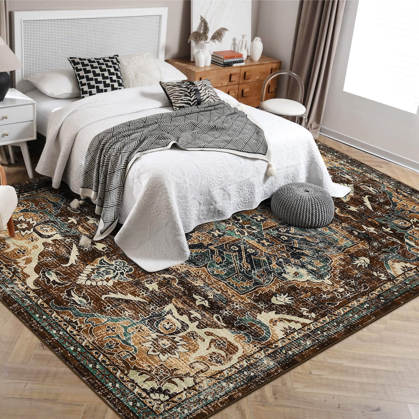 Garvee Washable Boho Area Rug 5x7 - Non-Slip, Stain Resistant, Wool-like Polyester, Distressed Vintage Medallion, Ideal for Living Room, Bedroom, Dining Room