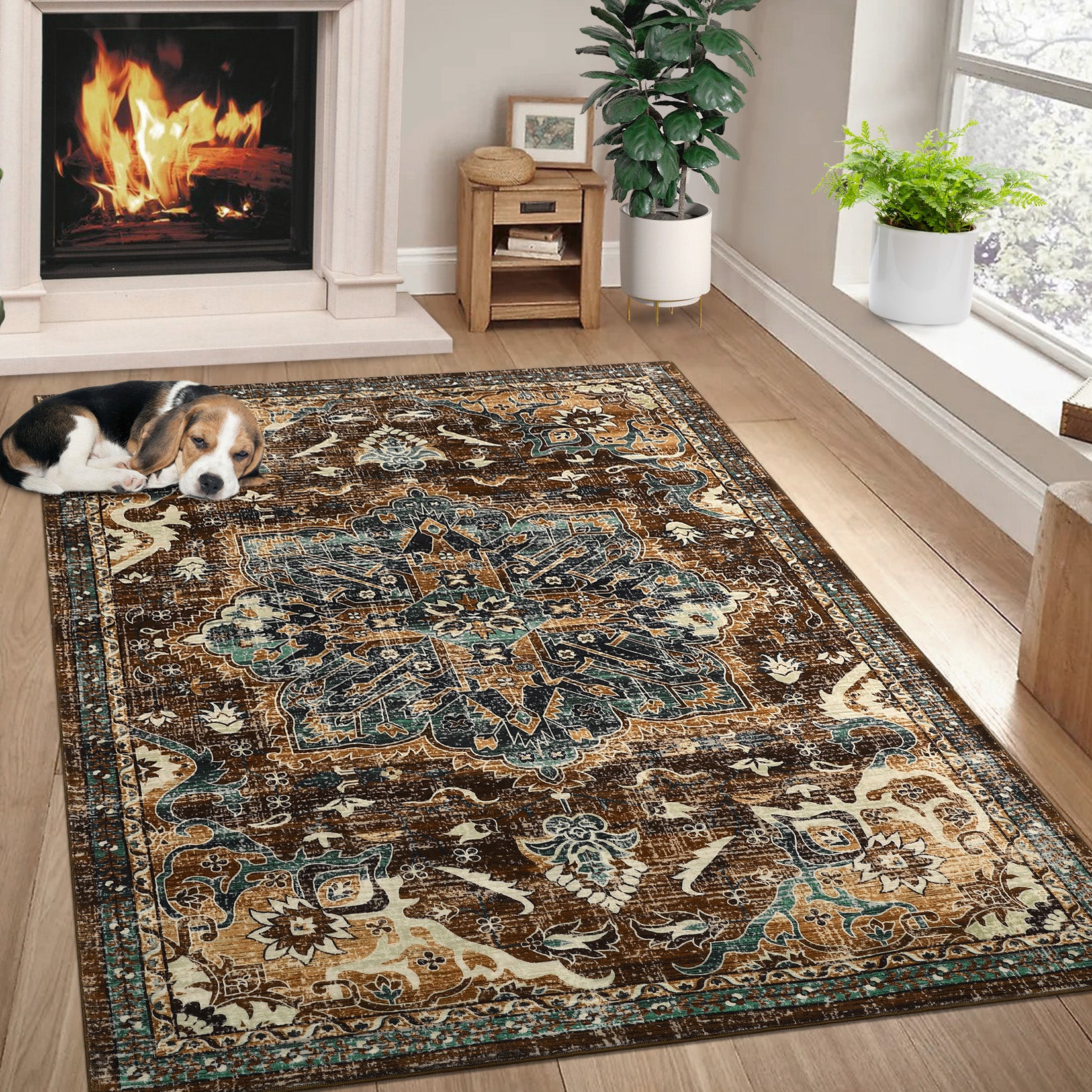 Garvee Washable Boho Area Rug 5x7 - Non-Slip, Stain Resistant, Wool-like Polyester, Distressed Vintage Medallion, Ideal for Living Room, Bedroom, Dining Room