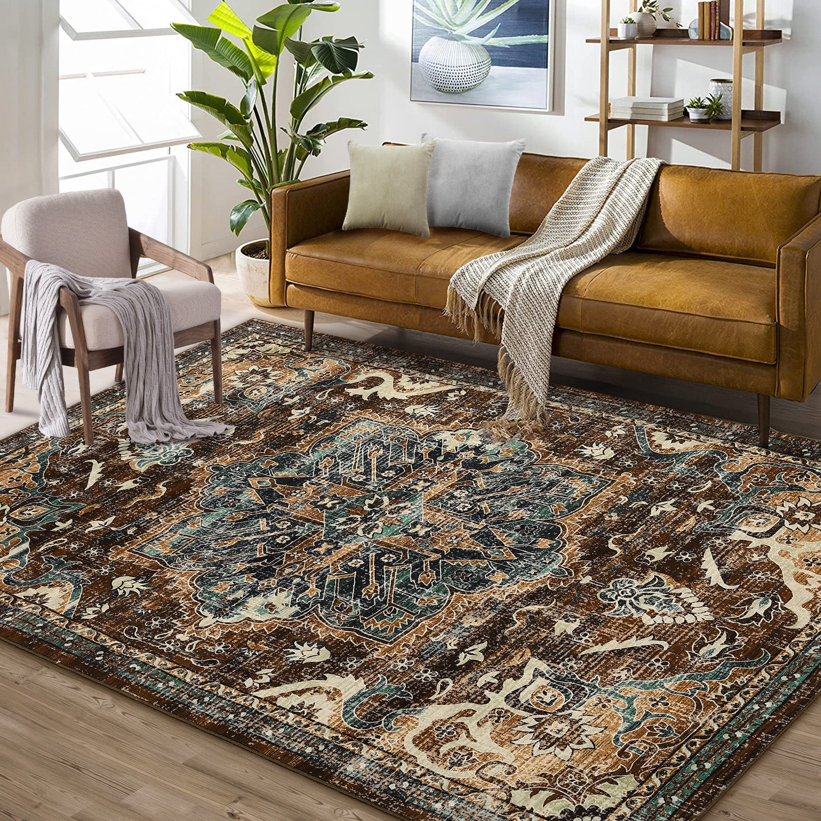 Garvee Washable Boho Area Rug 5x7 - Non-Slip, Stain Resistant, Wool-like Polyester, Distressed Vintage Medallion, Ideal for Living Room, Bedroom, Dining Room