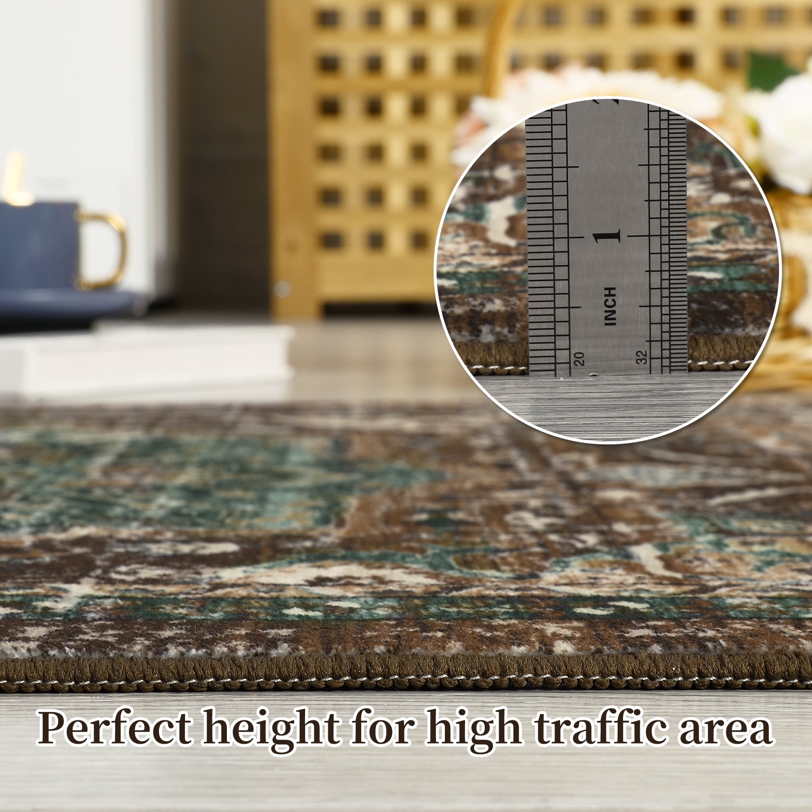 Garvee Boho Tribal Washable Runner Rug 2x6 - Non-Slip, Vintage Distressed - Wool-like Polyester, Stain Resistant - Brown/Green, Entryway/Bathroom