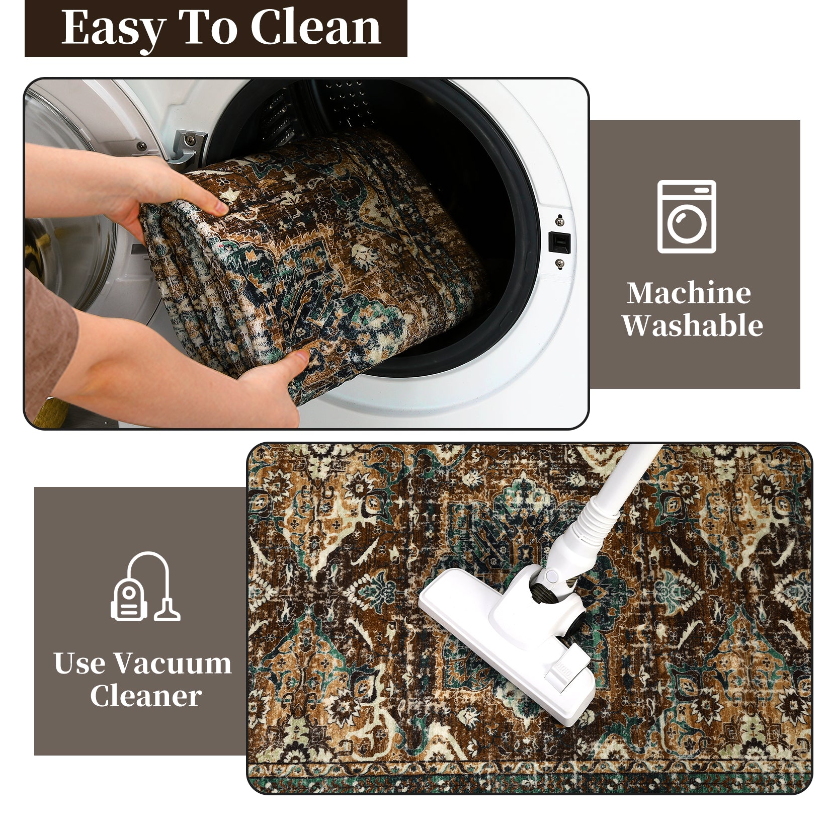 Garvee Boho Tribal Washable Runner Rug 2x6 - Non-Slip, Vintage Distressed - Wool-like Polyester, Stain Resistant - Brown/Green, Entryway/Bathroom