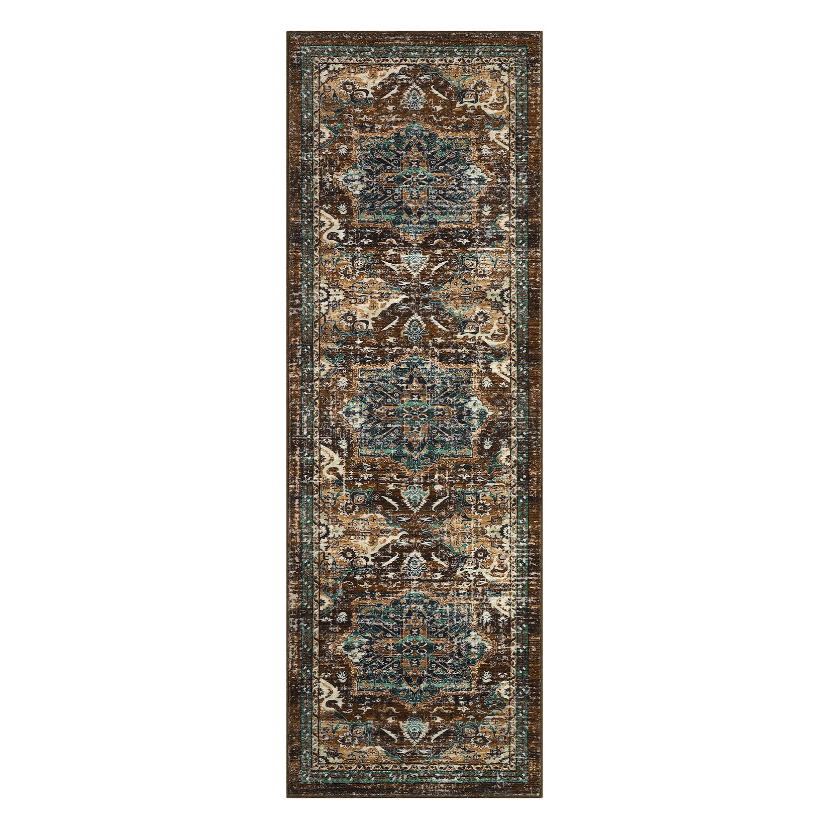 Garvee Boho Tribal Washable Runner Rug 2x6 - Non-Slip, Vintage Distressed - Wool-like Polyester, Stain Resistant - Brown/Green, Entryway/Bathroom
