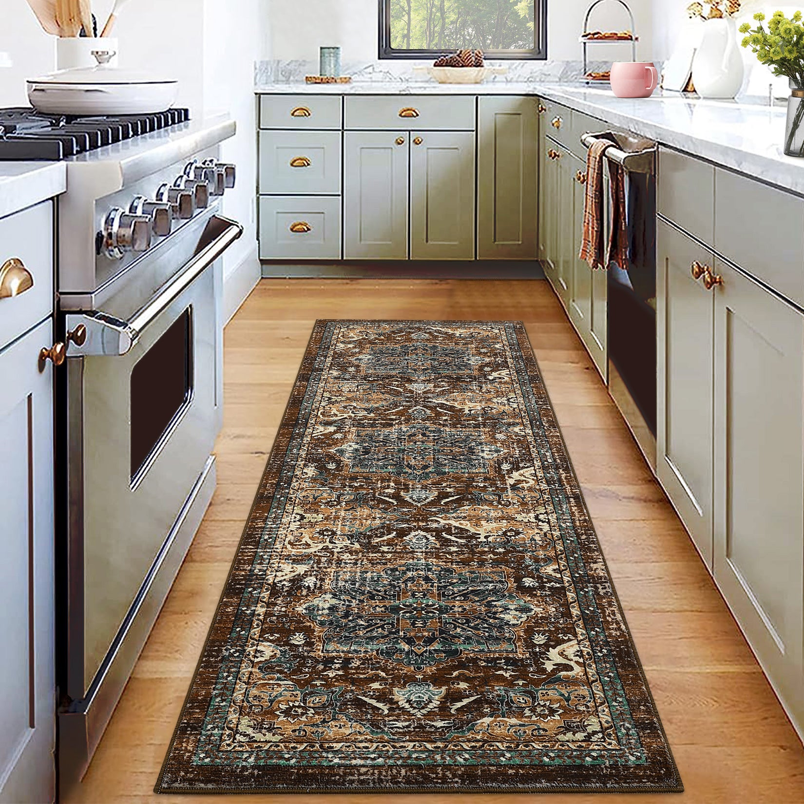 Garvee Boho Tribal Washable Runner Rug 2x6 - Non-Slip, Vintage Distressed - Wool-like Polyester, Stain Resistant - Brown/Green, Entryway/Bathroom