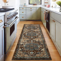 Garvee Boho Tribal Washable Runner Rug 2x6 - Non-Slip, Vintage Distressed - Wool-like Polyester, Stain Resistant - Brown/Green, Entryway/Bathroom