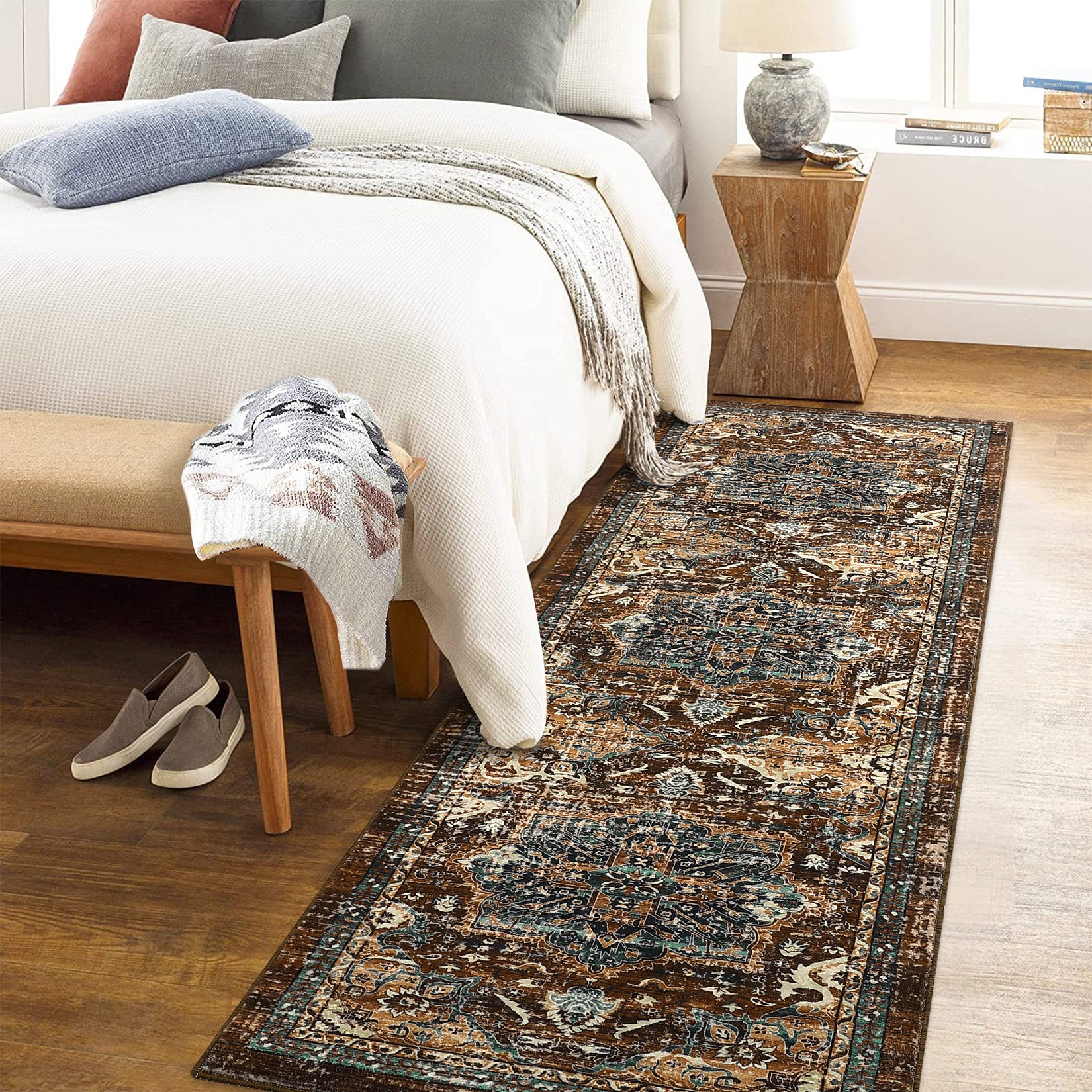 Garvee Boho Tribal Washable Runner Rug 2x6 - Non-Slip, Vintage Distressed - Wool-like Polyester, Stain Resistant - Brown/Green, Entryway/Bathroom