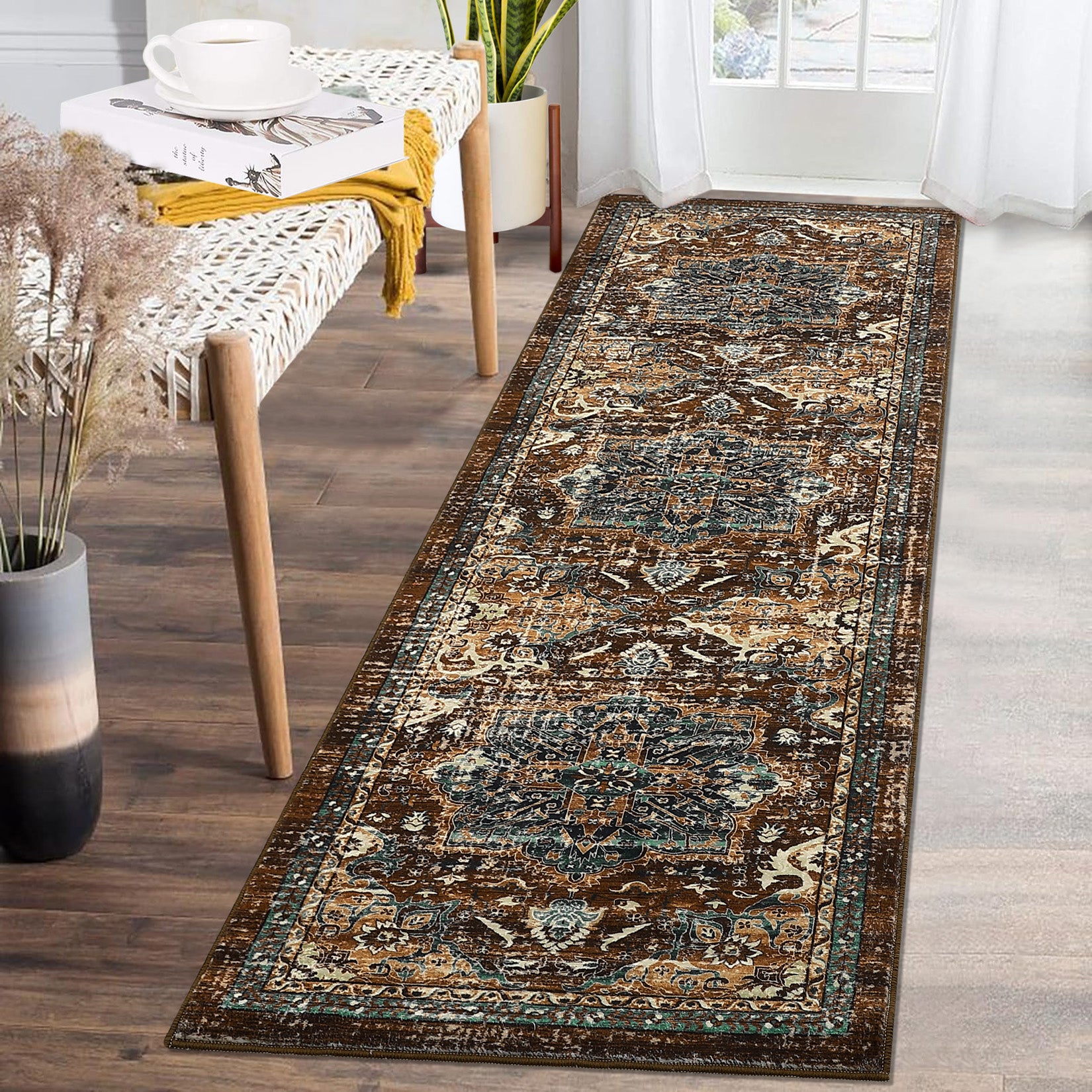 Garvee Boho Tribal Washable Runner Rug 2x6 - Non-Slip, Vintage Distressed - Wool-like Polyester, Stain Resistant - Brown/Green, Entryway/Bathroom