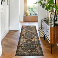 Garvee Boho Tribal Washable Runner Rug 2x6 - Non-Slip, Vintage Distressed - Wool-like Polyester, Stain Resistant - Brown/Green, Entryway/Bathroom