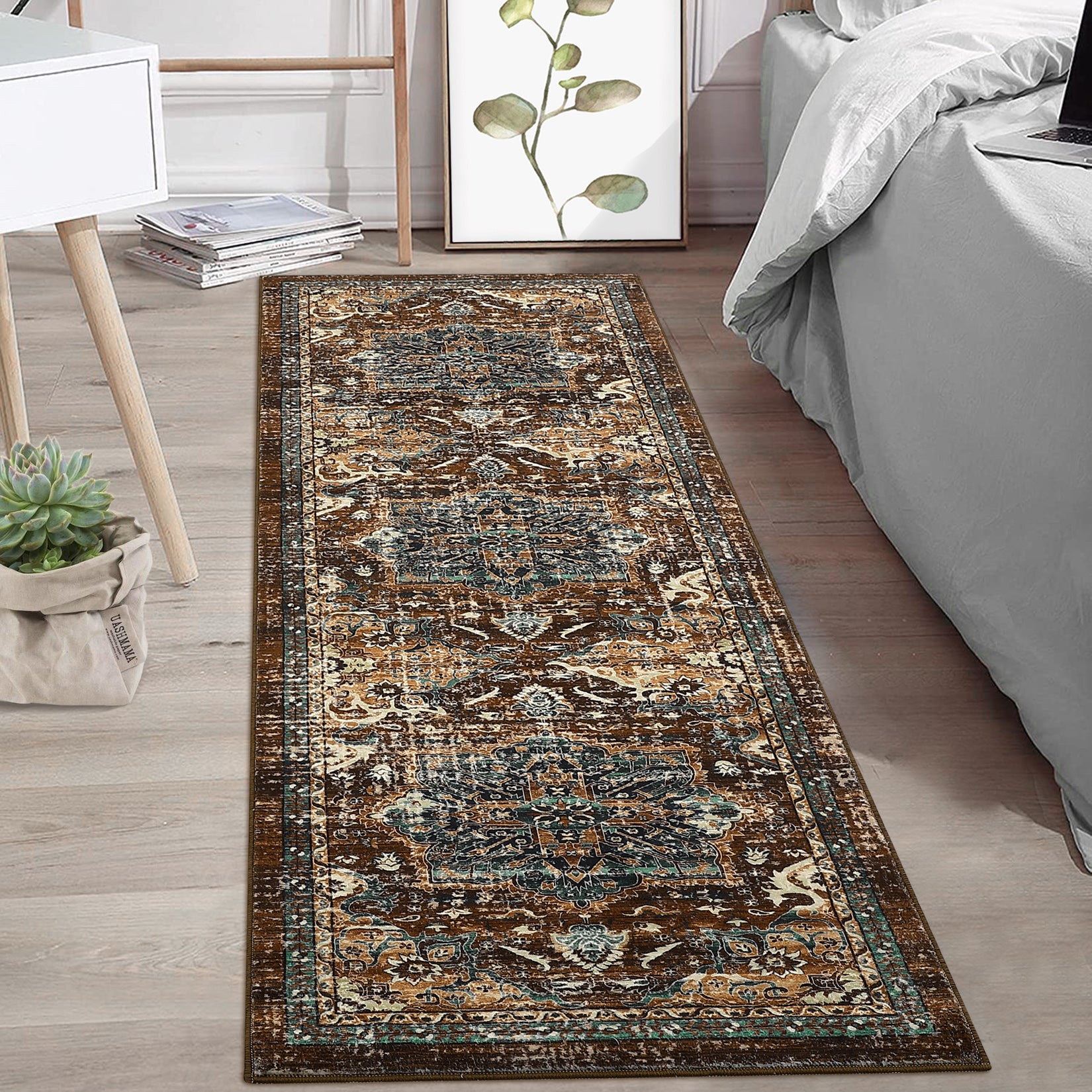 Garvee Boho Tribal Washable Runner Rug 2x6 - Non-Slip, Vintage Distressed - Wool-like Polyester, Stain Resistant - Brown/Green, Entryway/Bathroom