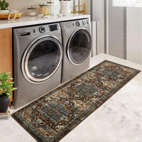 Garvee Boho Tribal Washable Runner Rug 2x6 - Non-Slip, Vintage Distressed - Wool-like Polyester, Stain Resistant - Brown/Green, Entryway/Bathroom