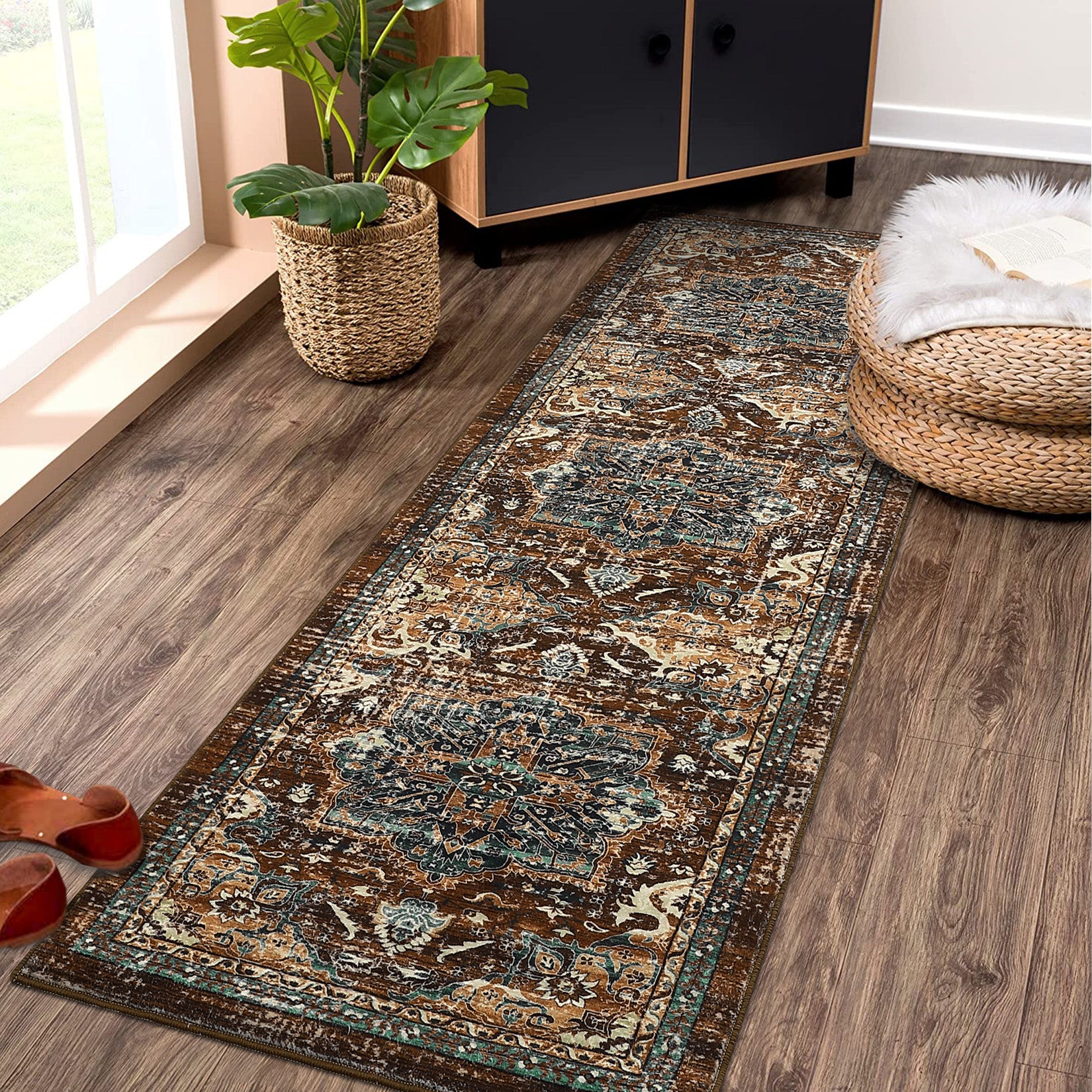 Garvee Boho Tribal Washable Runner Rug 2x6 - Non-Slip, Vintage Distressed - Wool-like Polyester, Stain Resistant - Brown/Green, Entryway/Bathroom