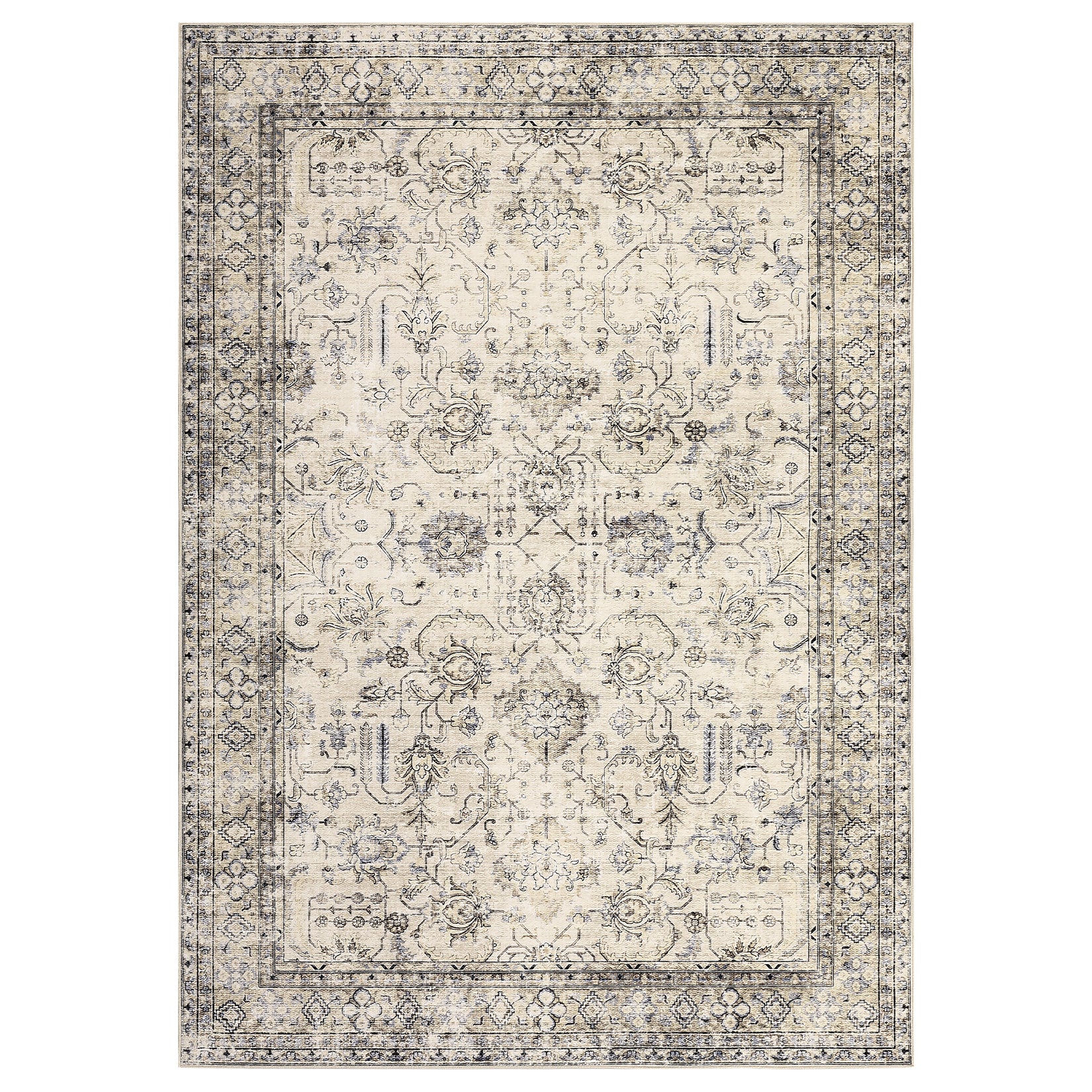 Garvee Persian Antique Beige 6x9 Ultra-Thin Rug, Vintage Floral Distressed Rug Tribal Floral Printed Rug Washable Rug Non Slip Foldable Rug for Living Room Bedroom Nursery Home Office Low Pile Non-Shedding Rug