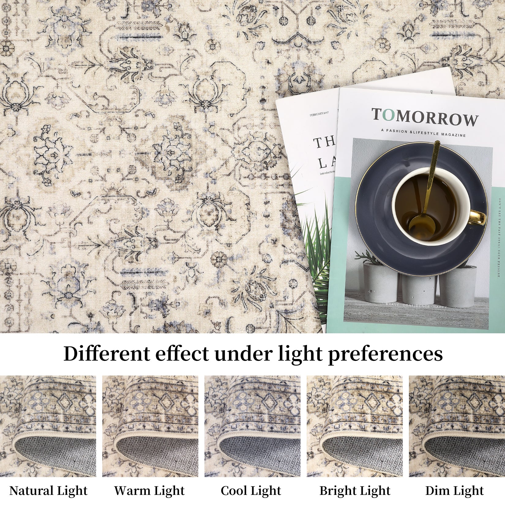 Garvee Persian Antique Beige 6x9 Ultra-Thin Rug, Vintage Floral Distressed Rug Tribal Floral Printed Rug Washable Rug Non Slip Foldable Rug for Living Room Bedroom Nursery Home Office Low Pile Non-Shedding Rug