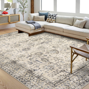 Garvee Persian Antique Beige 6x9 Ultra-Thin Rug, Vintage Floral Distressed Rug Tribal Floral Printed Rug Washable Rug Non Slip Foldable Rug for Living Room Bedroom Nursery Home Office Low Pile Non-Shedding Rug