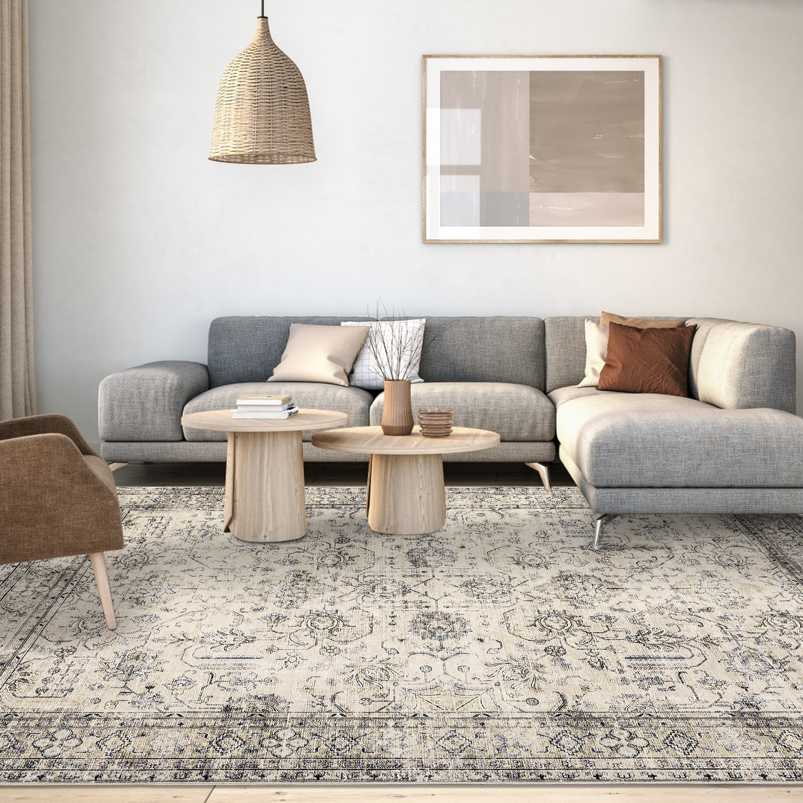 Garvee Persian Antique Beige 6x9 Ultra-Thin Rug, Vintage Floral Distressed Rug Tribal Floral Printed Rug Washable Rug Non Slip Foldable Rug for Living Room Bedroom Nursery Home Office Low Pile Non-Shedding Rug