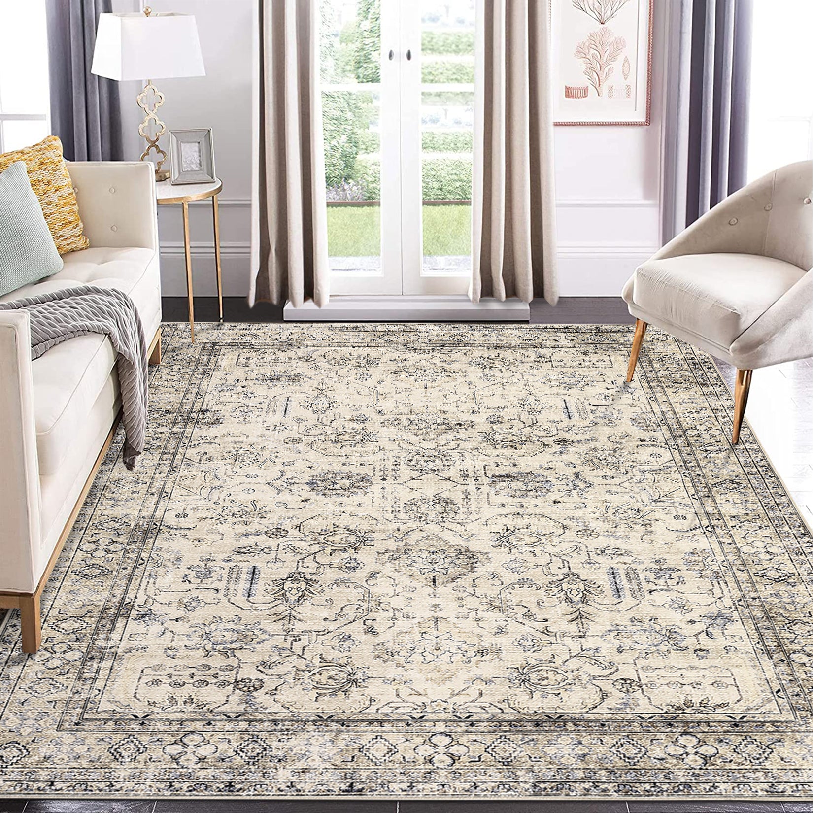 Garvee Persian Antique Beige 6x9 Ultra-Thin Rug, Vintage Floral Distressed Rug Tribal Floral Printed Rug Washable Rug Non Slip Foldable Rug for Living Room Bedroom Nursery Home Office Low Pile Non-Shedding Rug