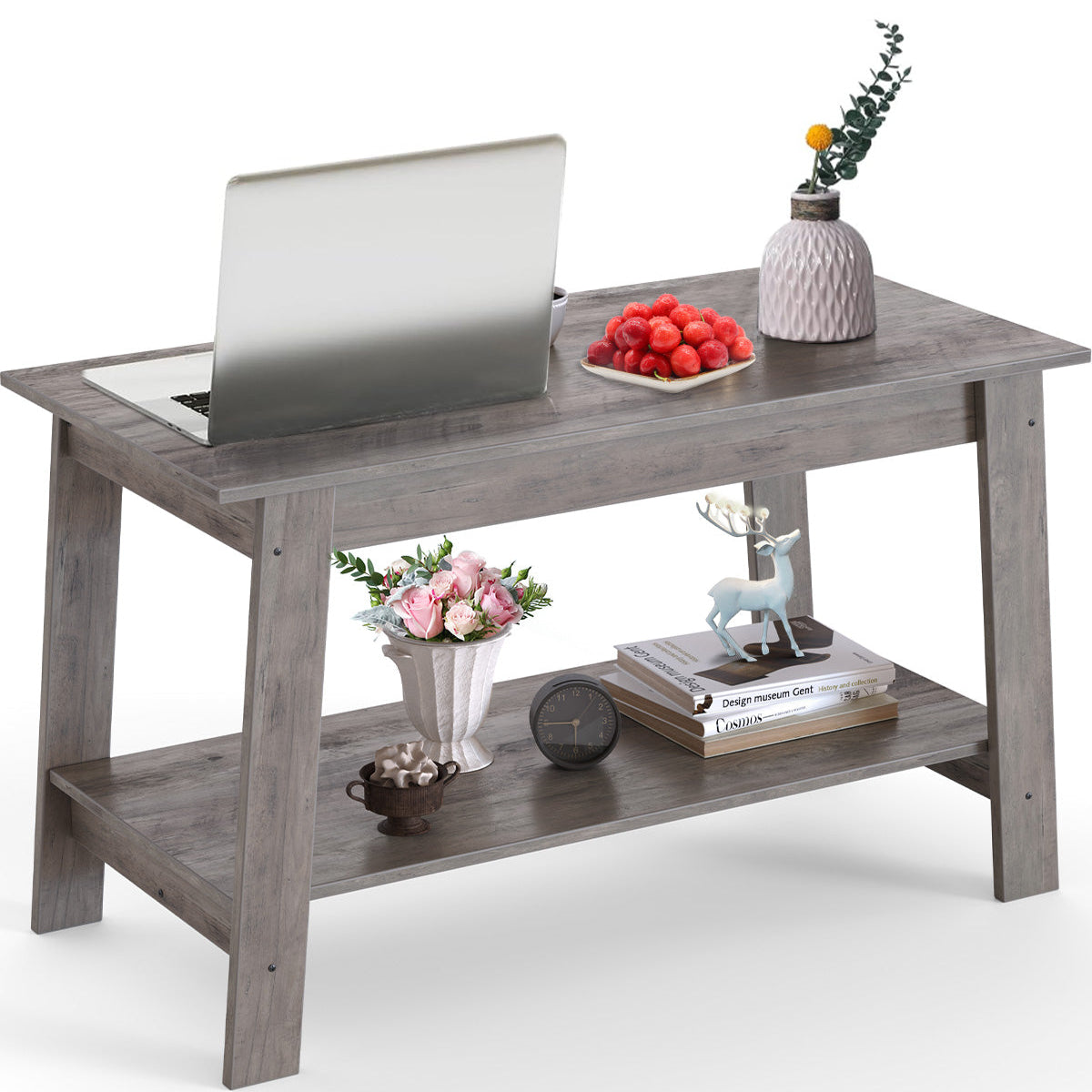 Garvee Coffee Table, 2-Tie Rustic Wood Living Room Tables with Open Rectangular Storage Compartment, 2024 New Coffee Tables for Living Room, Outdoors, Home Office, Bedroom, Easy Assembly, Grey