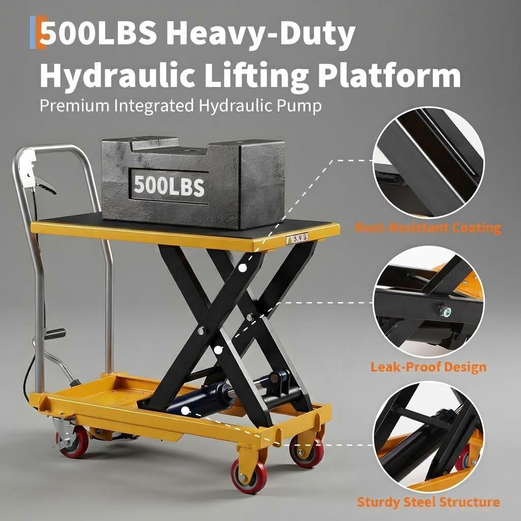 Garvee Hydraulic Lift Table Cart – 500lbs Capacity – 28.7" Max Height – Manual Single Scissor – Non-Slip Pad – Locking Wheels & Reflective Strips – For Material Handling & Transport – Yellow RAL1033, 500lbs Single Scissor